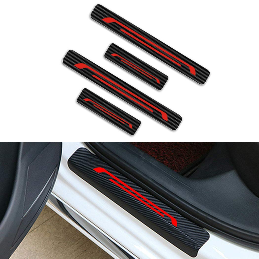 Autocollants Protection Seuil De Porte Voiture - Fibre De Carbone Réfléchissant - 4 Pièces Rouge - Pour Toyota Auris, Corolla, Yaris, Etc. - 3