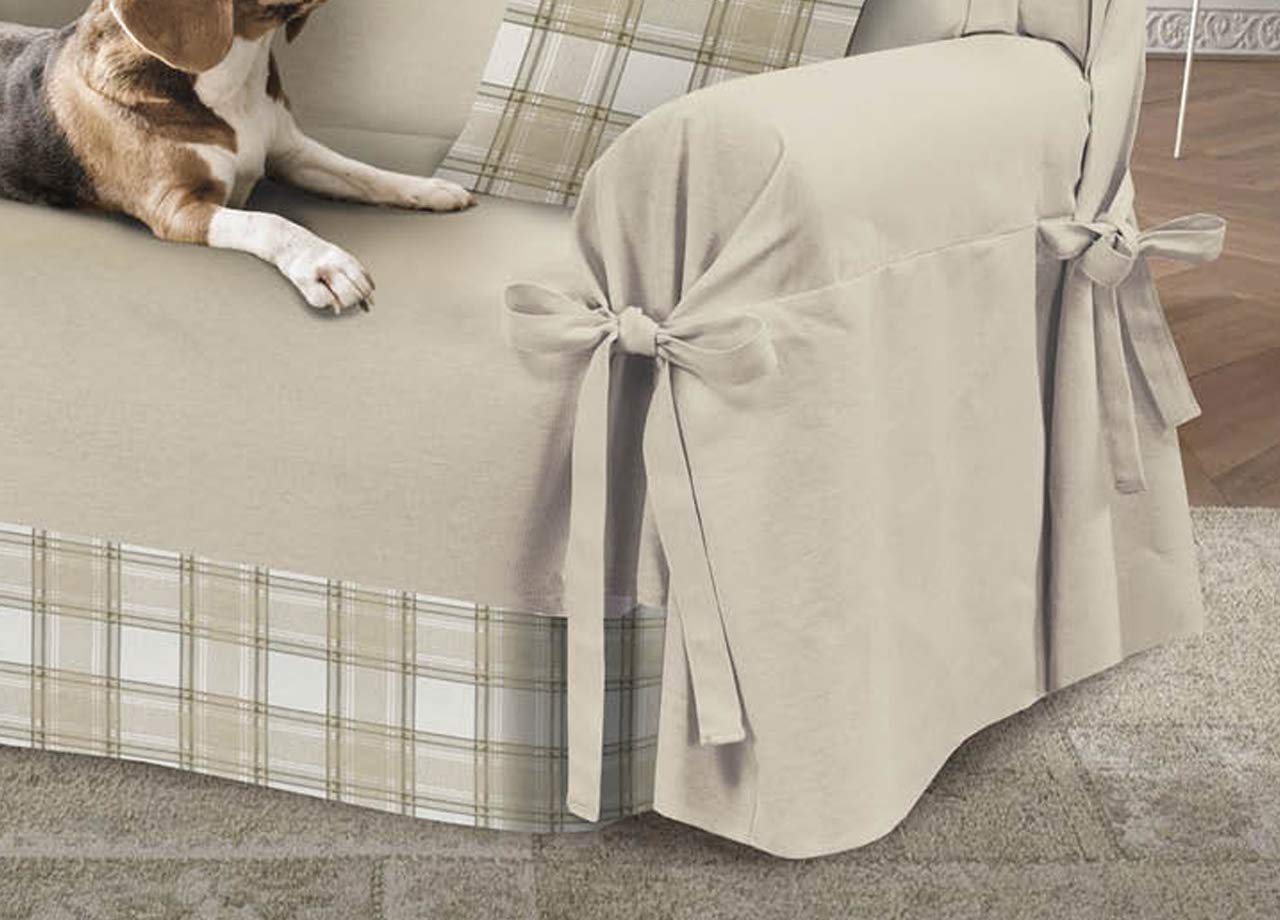 Protège-canapé avec lacets, nœuds pour la fixation, fabriqué en Italie, différents motifs 3 places, Écosse, beige