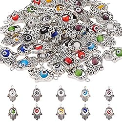 PH PandaHall 50 dijes de plata antigua Hamsa con 10 cuentas de mal de ojo de color con símbolo de mano de Fátima, dijes para hacer joyas, hallazgos, collares, pulseras