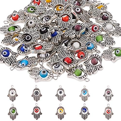 PandaHall 50pcs Antique Silver Hamsa Charms with 10 Color Evil Eye Beads Hand of Fatima Symbol Hand Beads Charms for Jewellery Making Findings DIY Necklace Bracelet