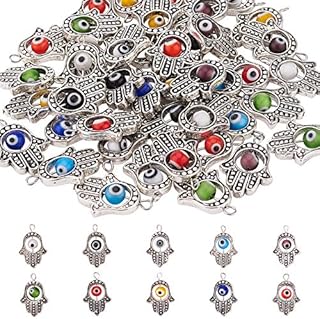 PandaHall 50pcs Antique Silver Hamsa Charms with 10 Color Evil Eye Beads Hand of Fatima Symbol Hand Beads Charms for Jewellery Making Findings DIY Necklace Bracelet