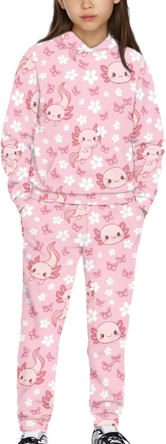 doginthehole Girls 2 Piece Tracksuit Athletic Sweatsuits Sets Hooded Sweatshirt and Jogger Sets Fall Outfits 5-12Y