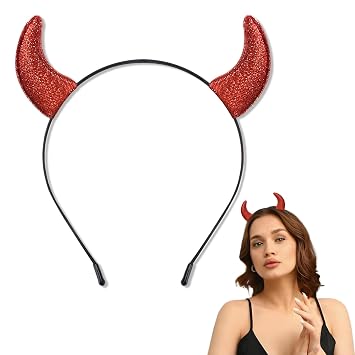 Bicfuiot Glitter Red Devil Horns Headband Horns Costume Accessories Halloween Headbands for Women Adults Devil Ears Hair Band Headwear Halloween Gifts for Women Men Cosplay Party