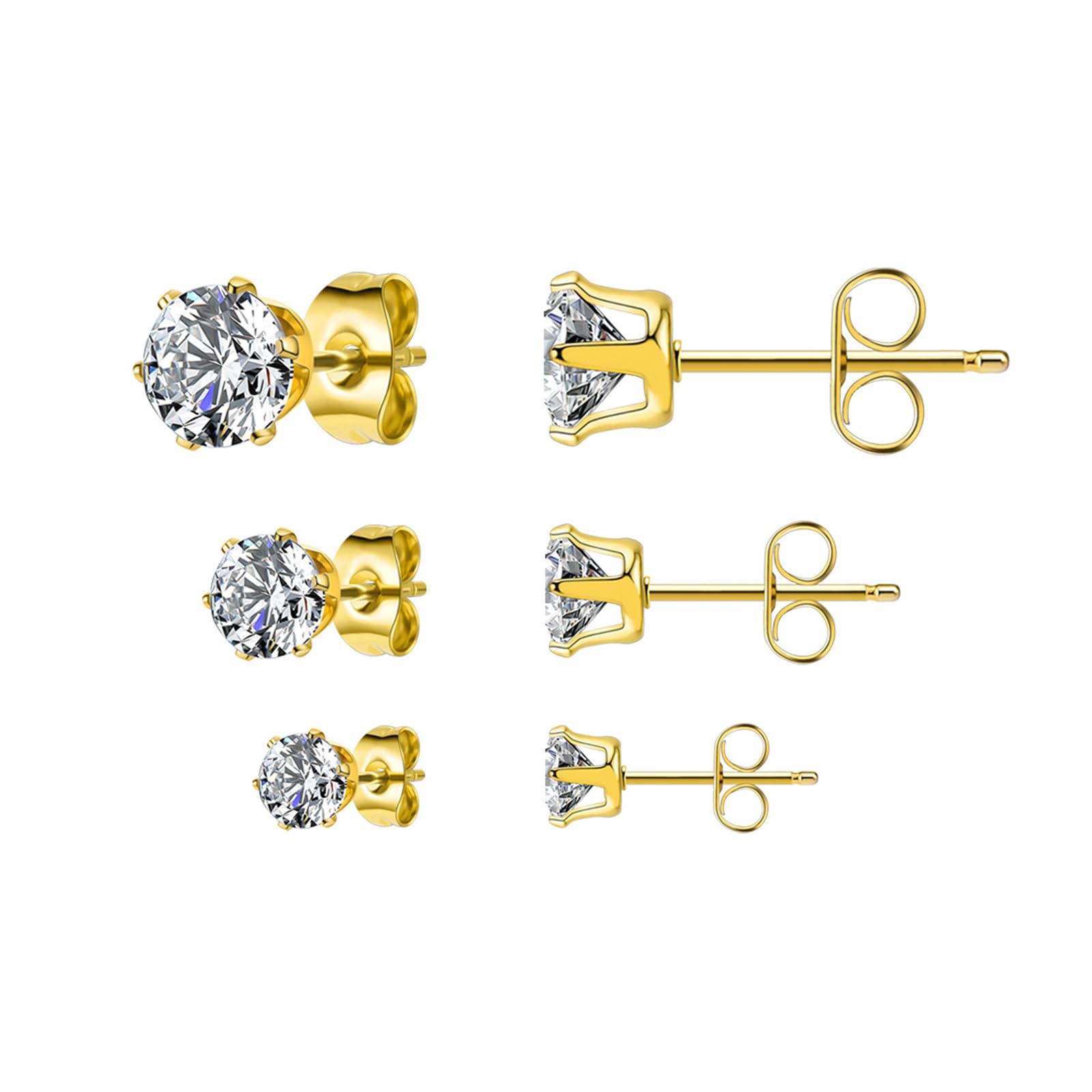 PICKBEAU 3 Pairs Small Gold Stud Earrings for Women Men| 14K Gold Plated Cartilage Earring Helix Piercing Jewelry Cubic Zirconia Stud Flat Back Stud Earrings Set for Girls-3/5/7mm