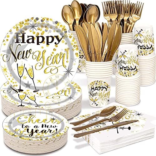 PAMMYAN 2023 Happy New Year Party Supplies Tableware Set - 152 PCS Disposable Dinnerware Tablecloth Set - Gold Paper Plates Napkins Cups, Gold Plastic Forks Knives Spoons for New Years Eve Party