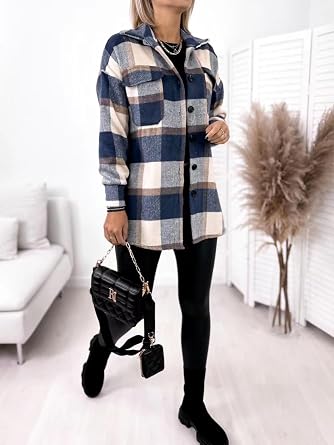 Women's Long Sleeved Single Breasted Plaid Printed Shirt Collar Woolen Jacket.