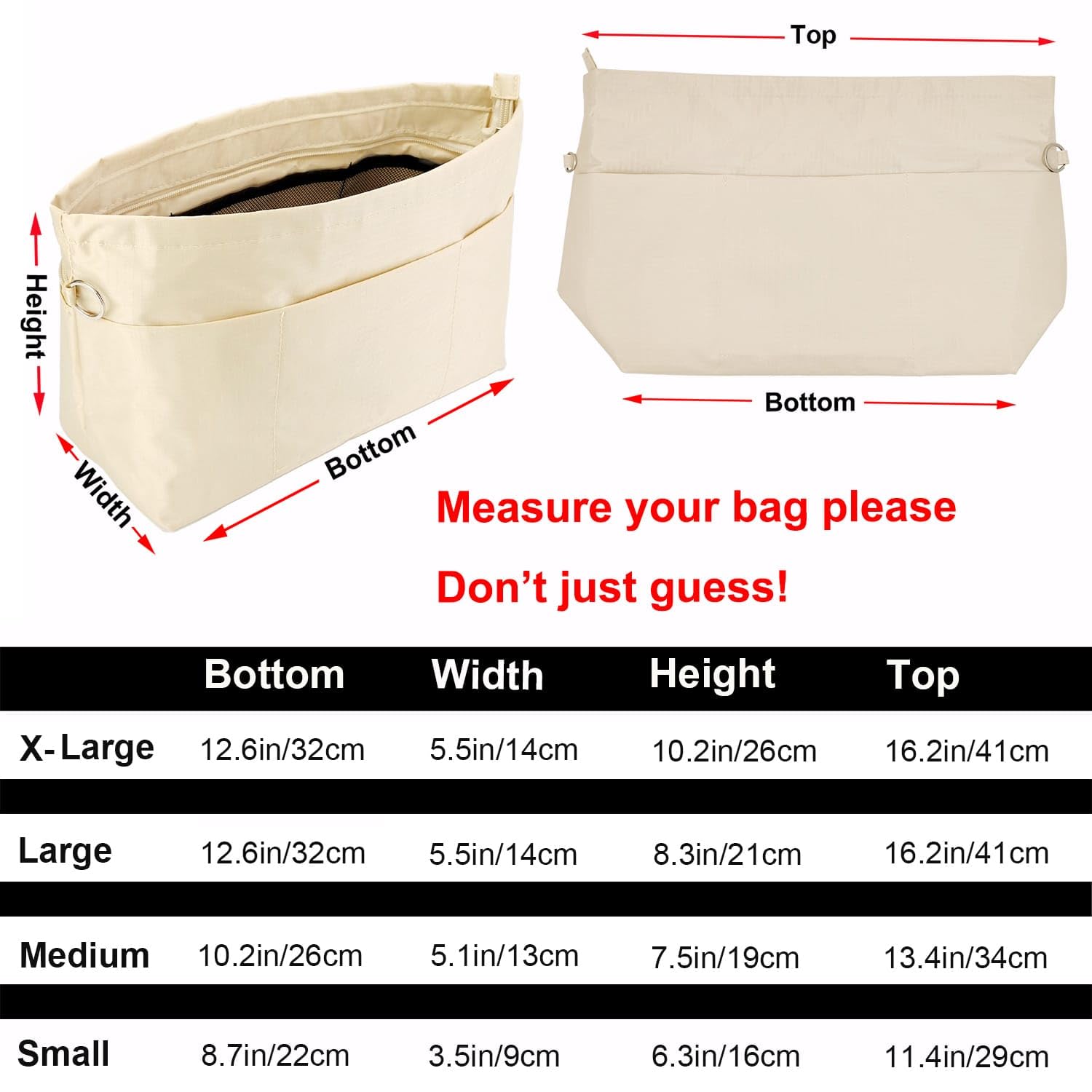 Time Wing Handbag Tote Purse Organizer Insert Bag Liner Shaper Divider Zipper 11 Pockets Compartments X Large Beige