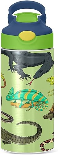 Miniatura 2 de MCHIVER Green Animals - Botella de agua para niños con pajilla, botella de agua para niños y niñas, con aislamiento de acero inoxidable, termo para