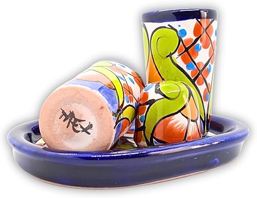 Miniatura 3 de MEXTEQUIL - Auténticos vasos de chupito de tequila talavera mexicana, salero con bandeja - Juego de 4 piezas - Colorido artesanal pintado a mano -