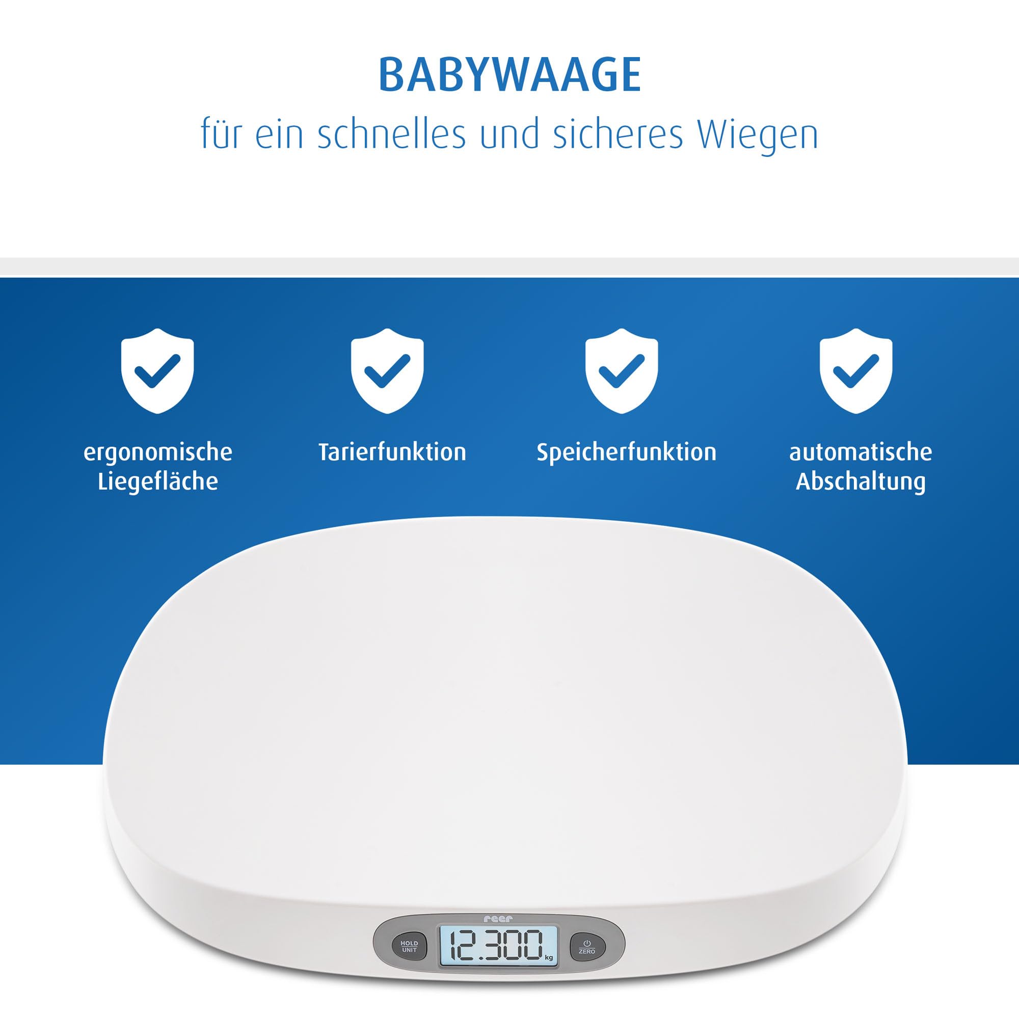 reer BabyCare Babywaage | Ergonomische Wiegeschale für Neugeborene/Babys | 25kg Maximalgewicht | Integriertes Maßband, HOLD- und Tarierfunktion | Beleuchtetes LCD-Display | Präzision von 5g