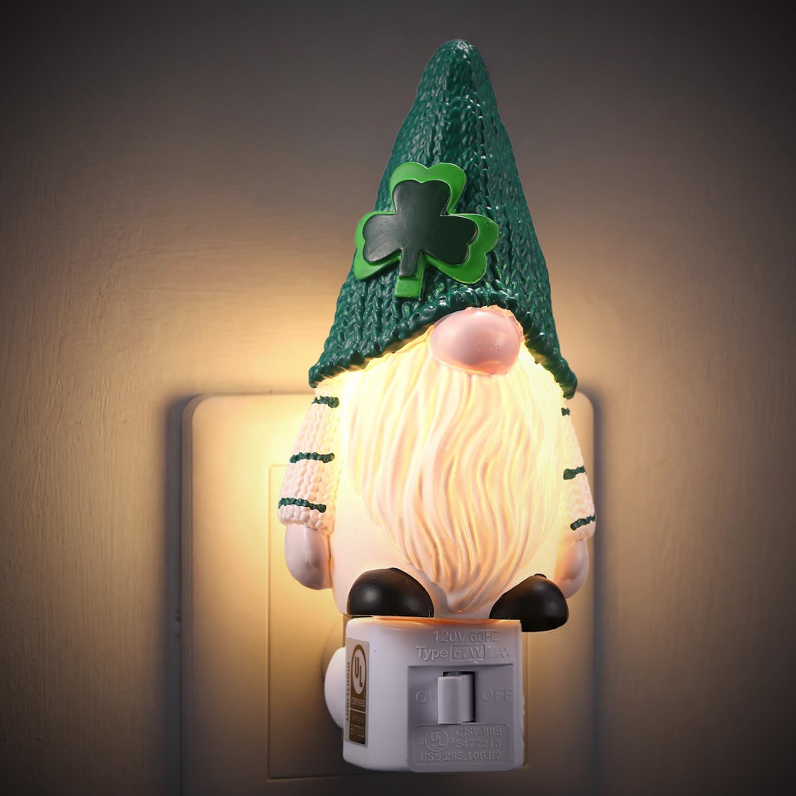 St Patricks Day Gnome Night Light UL Certification Plug-in Wall 360 Degree Swivel Plug with On/Off Switch for Irish March Saint Paddy's Day Gift Home Bathroom Bedroom Hallway Decoration