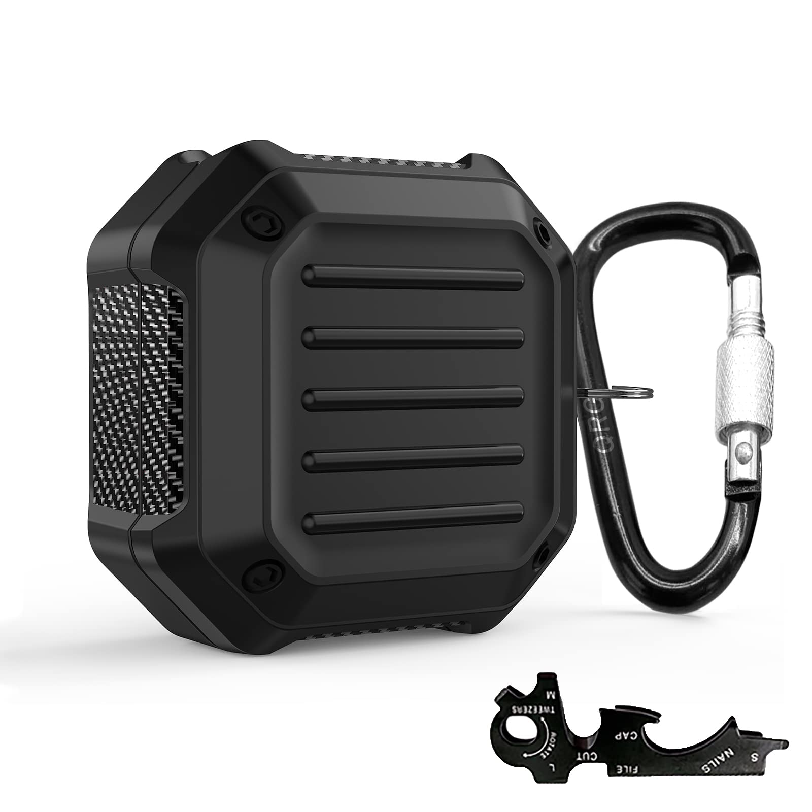 Case for Samsung Galaxy Buds Live (2020) / Buds Pro (2021) / Buds2 (2021) / Buds2 Pro (2022), TPU Carbon Pattern Shock-Proof Anti-Drop Protective Case Cover with Carabiner (Black)