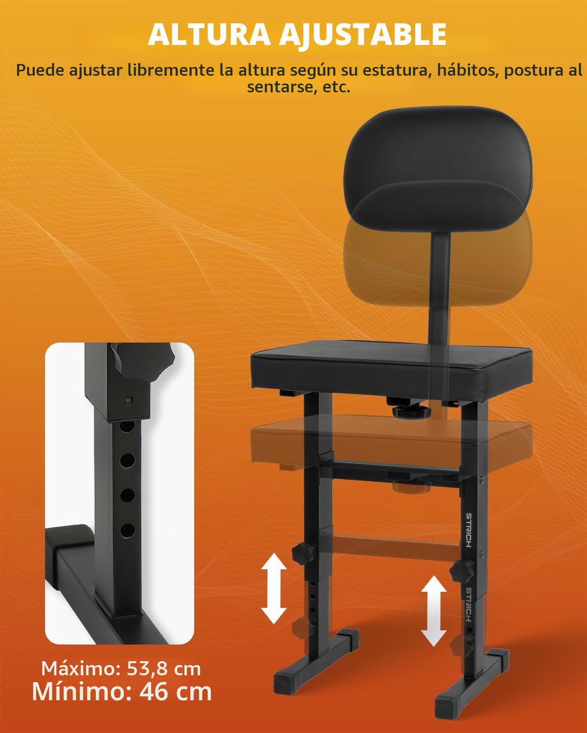 STRICH Banco de piano ajustable, asiento de banco de teclado musical con respaldo, silla de piano con cojín acolchado para músicos, negro, SPB-M50S (piel sintética)