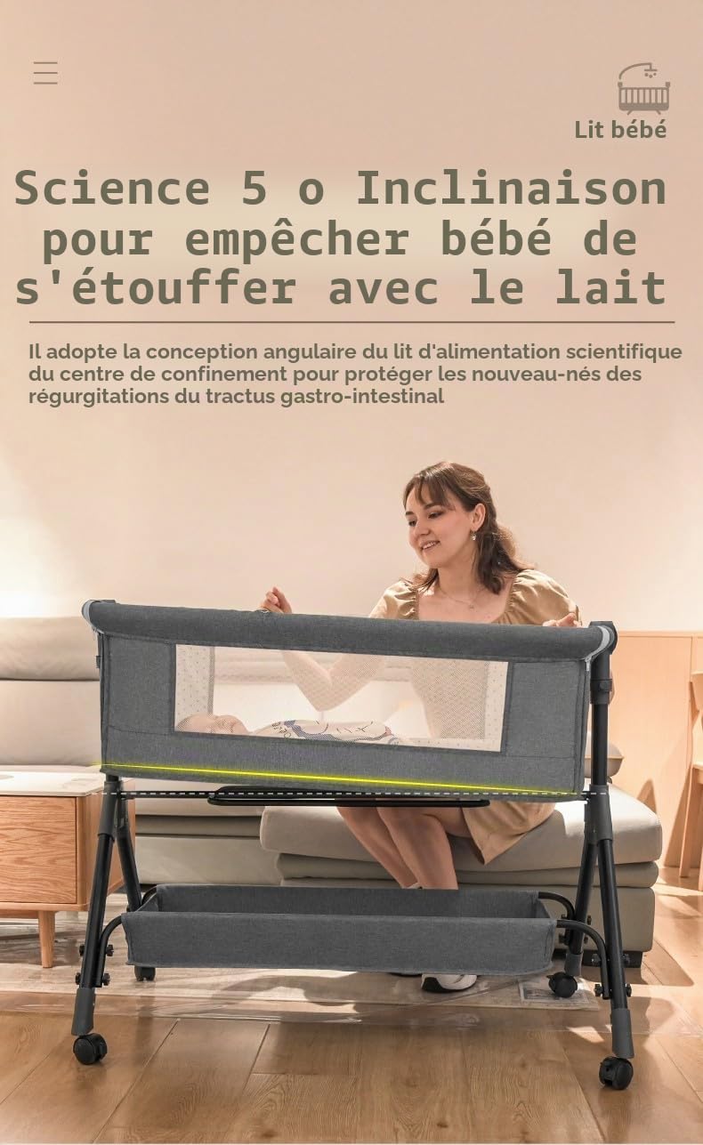 Cododo Bebe avec Table à Langer, Lit Cododo Pliable, Multifonctionnel Lit Bebe, 3 Niveaux de Réglage de La Hauteur (X3 Grey)