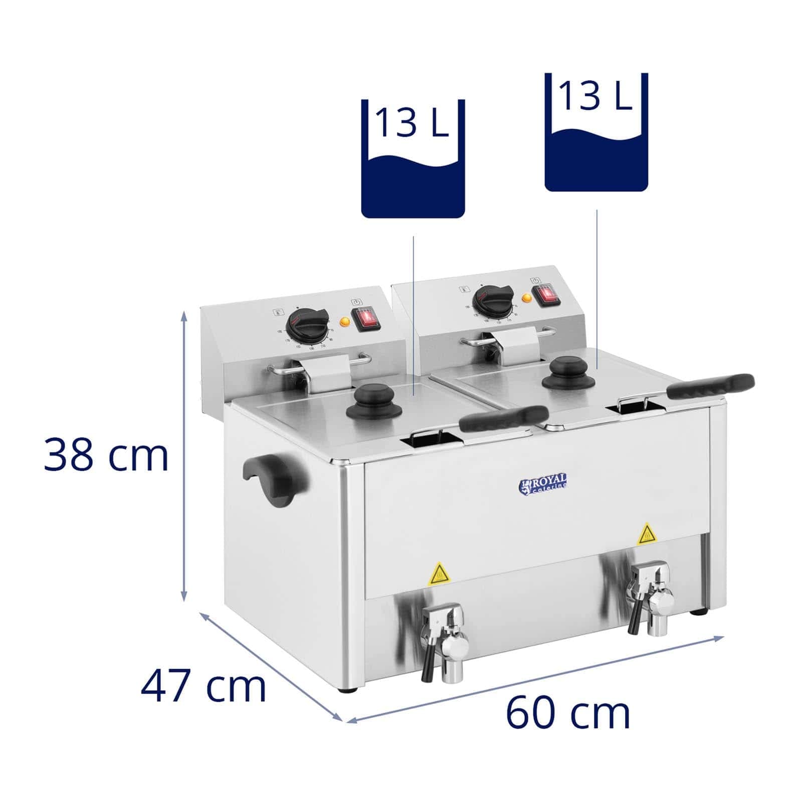 Royal Catering RCEF 13D-EGO Friggitrice Professionale Friggitrice Elettrica Doppia (2 x 13 L, 2 x 3250 W, 230 V, Termostato E.G.O., Rubinetto di scarico, Acciaio Inox)