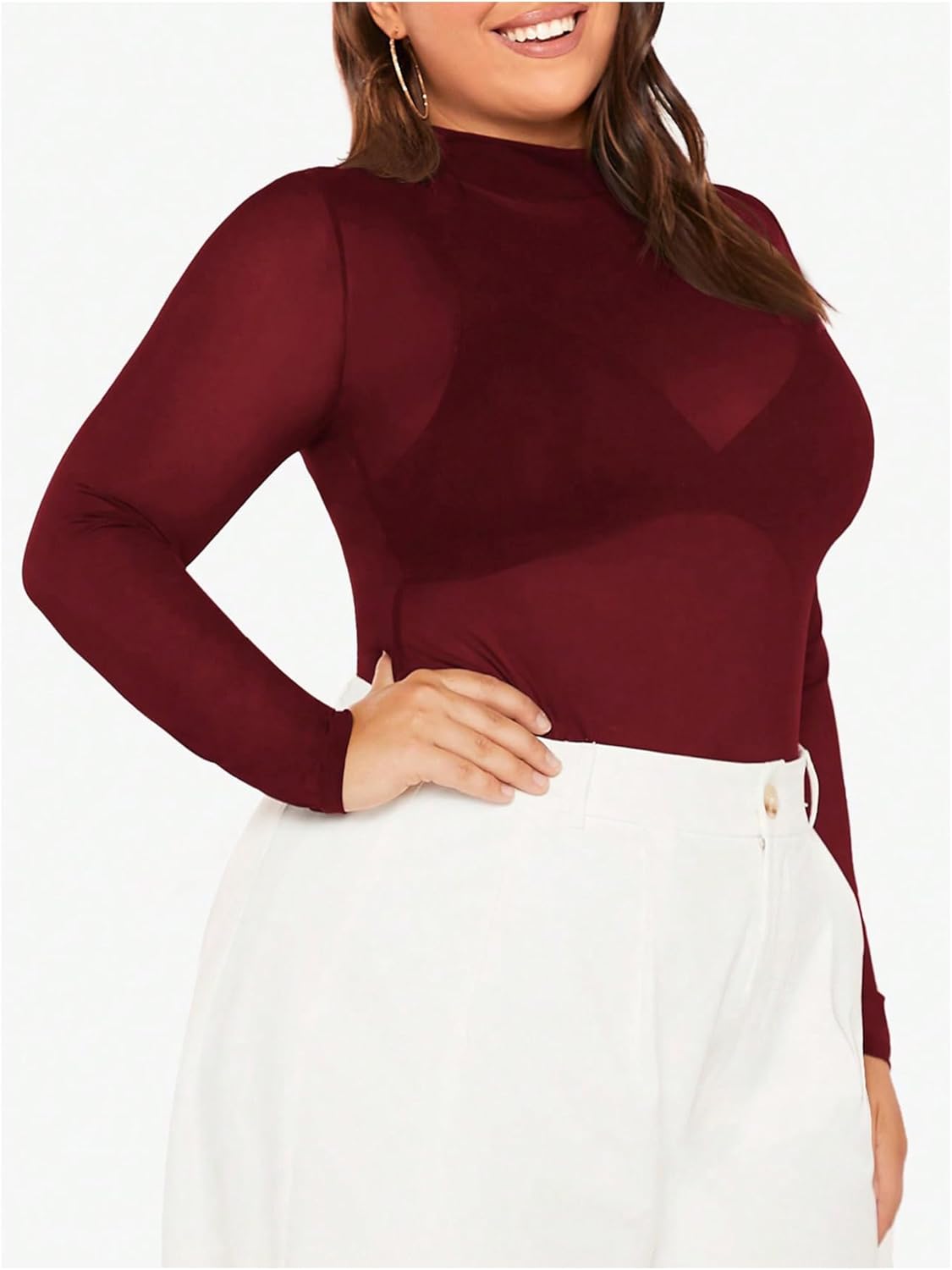 COZYEASE Women's Plus Size Sheer Mesh Tops Mock Neck Long Sleeve Tee Tops Trendy Slim Fit Clubwear - Image 4