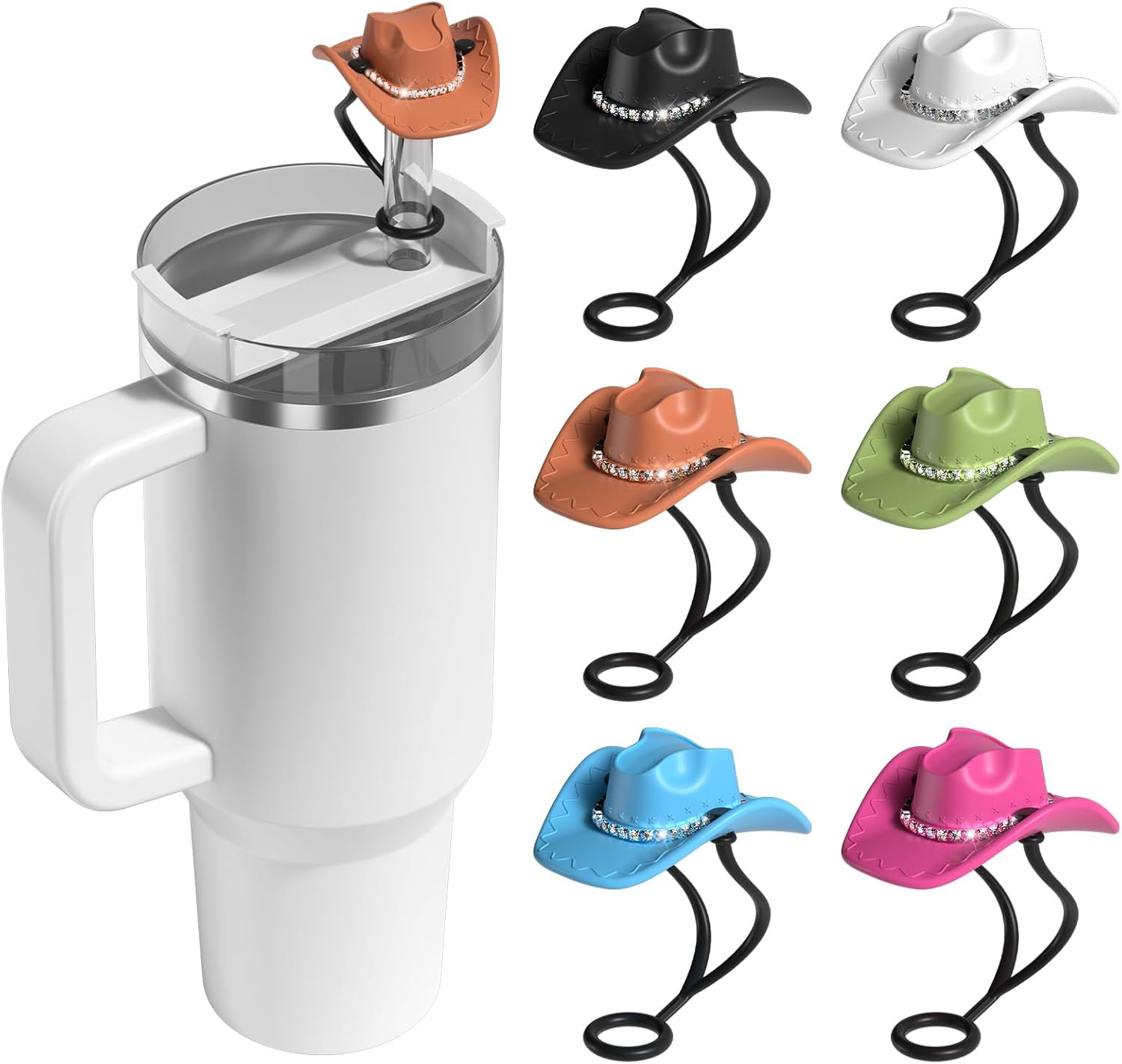 Silicone Cowboy Hat Straw Toppers, 6 Pcs, Detachable Decoration, Compatible with Stanley Cup 30oz/40oz & Other 10mm Straw Tumblers