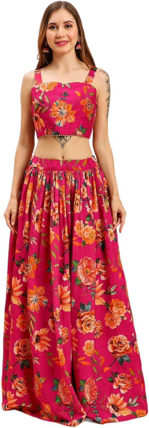 madhuram women'S Vichitra Silk Skirt And Choli With Long Shrug Dola Silk Set For Solid With Digital Print Set(M-2472)