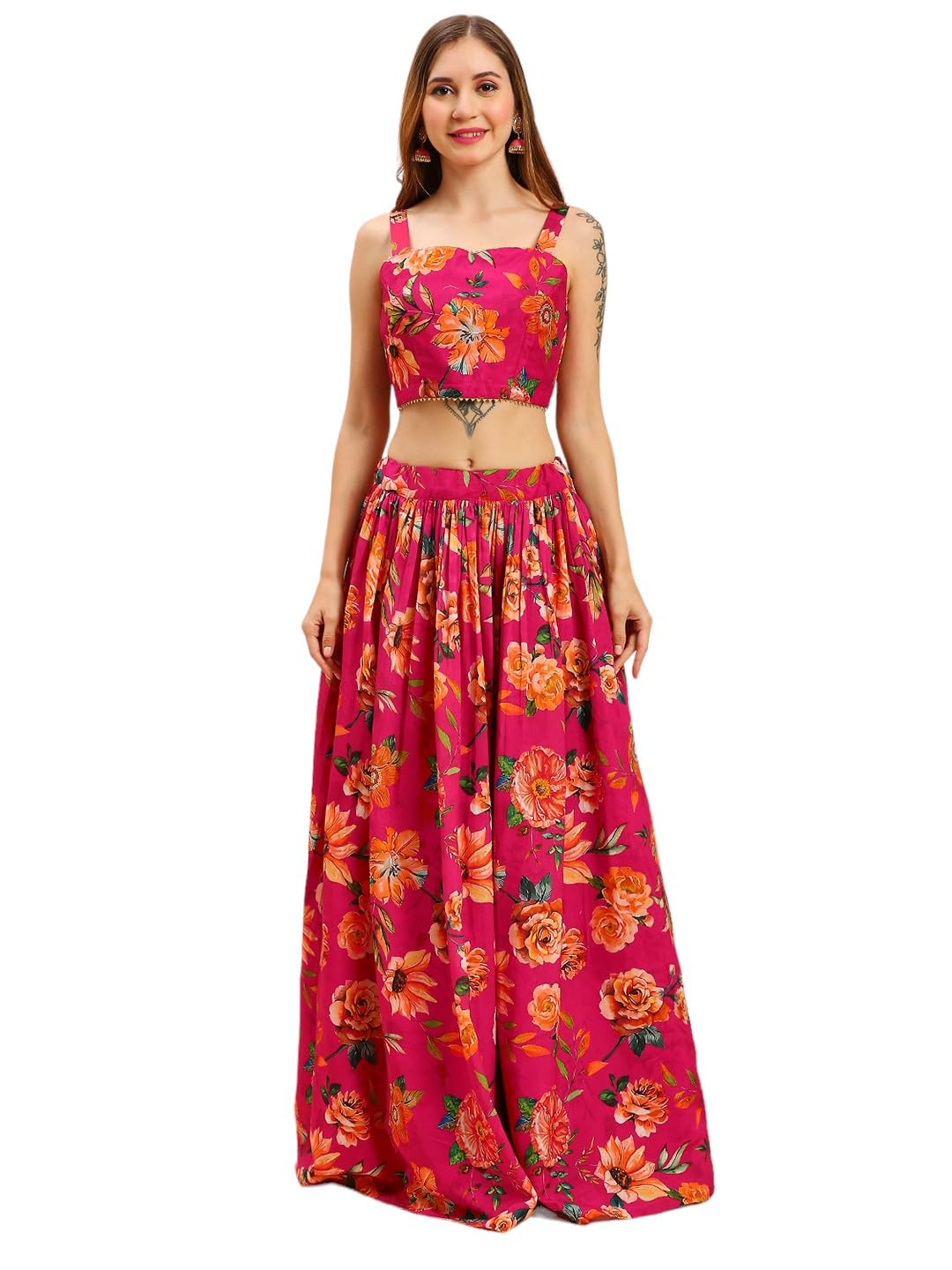 madhuram women'S Vichitra Silk Skirt And Choli With Long Shrug Dola Silk Set For Solid With Digital Print Set(M-2472)