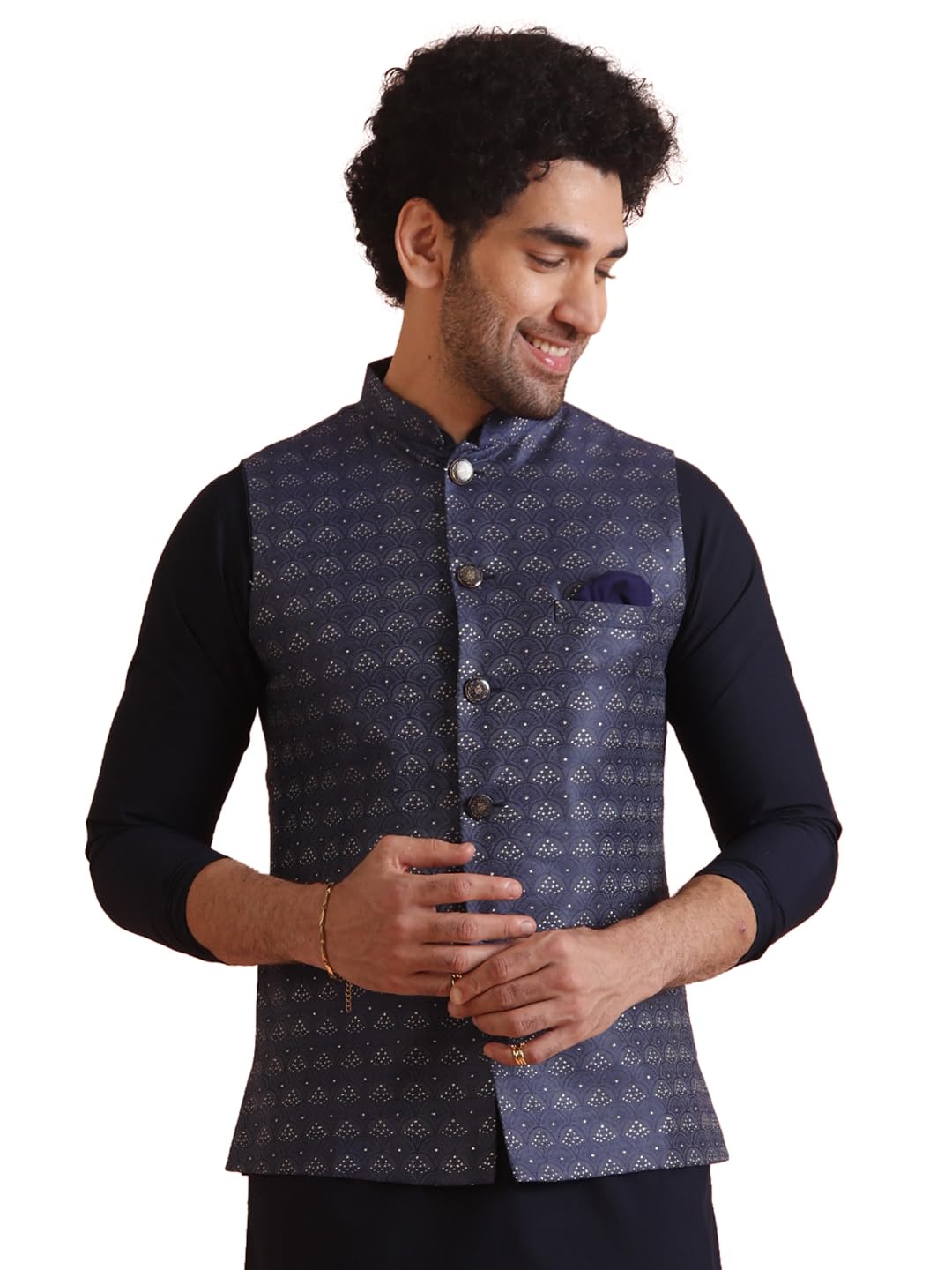 kisah Mens Nehru Jacket, Silk Blend Woven Design Pattern Blue Nehru Jacket for Men-picture-49