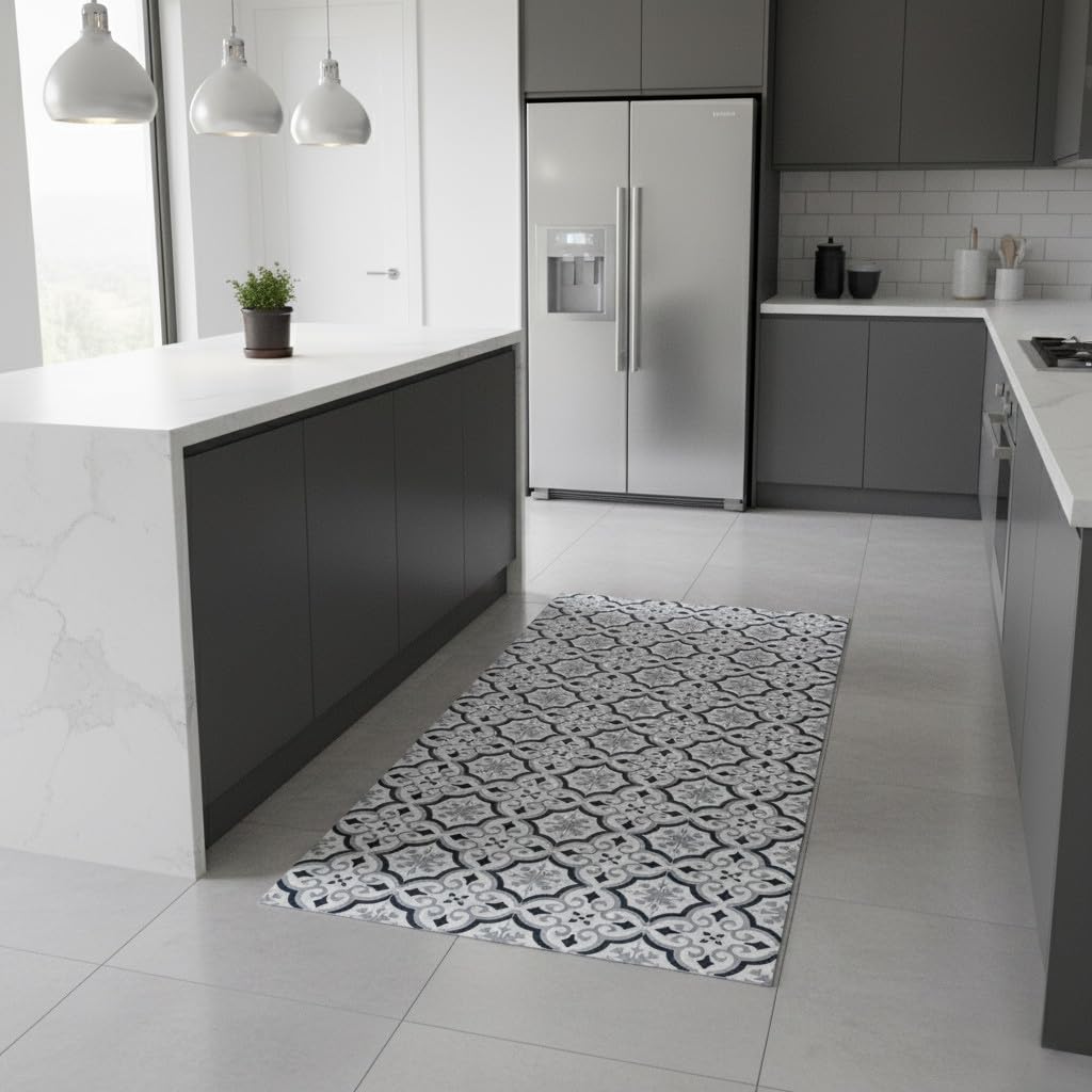 Alfombra Vinílica Hidráulica, Distintos Tamaños, Elegante, Diseño y Resistencia para Tu Espacio,Cocina, salón Comedor, Suelo PVC (80X200 CM, Estrella Gris)