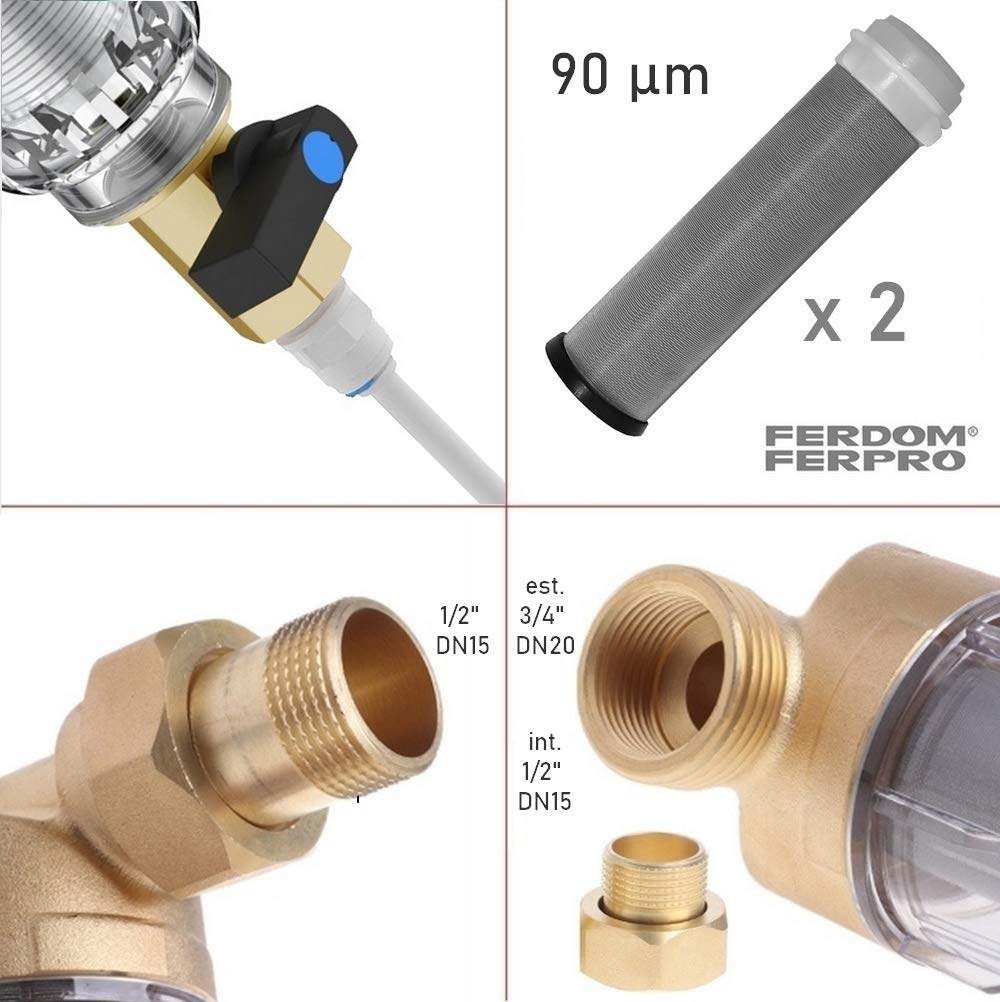 FERDOM FD178 Prefiltro & Extra Maglia. Filtro Dell’acqua Spin-Down Depuratore, Riutilizzabile. Maglia Inox 90 Mic, Con.1/2”(3/4) Flusso max 2,5m3/H. Testa Ottone, Involucro Trasparente. Acqua Potabile
