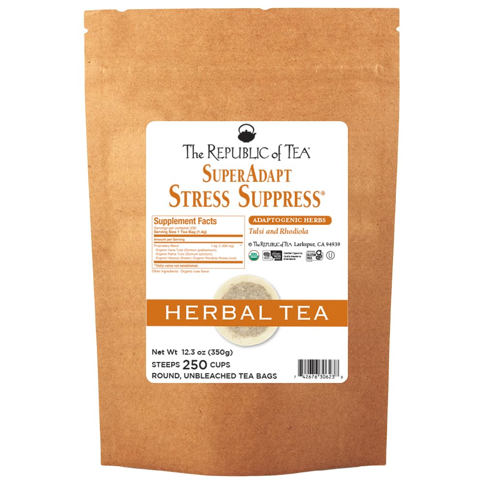 The Republic of Tea - SuperAdapt Stress Suppress Herbal Tea, 250 Tea Bags, Organic, Caffeine Free, Tulsi and Rhodiola Herbal Tea