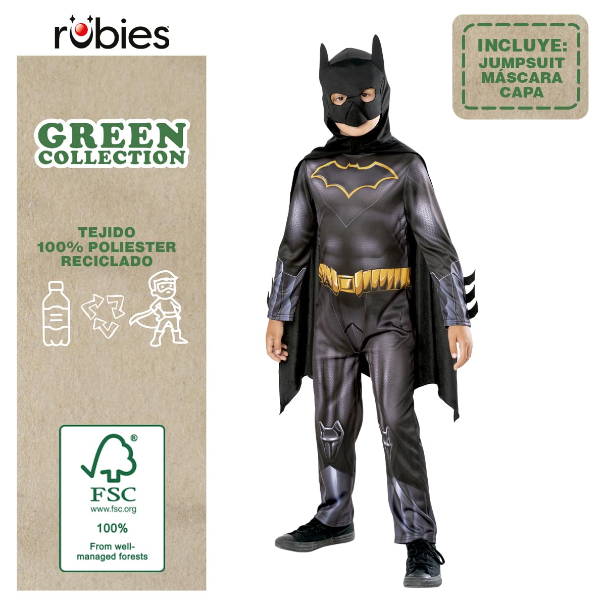 Rubies Costume Batman per bambini, Green Collection, costume sostenibile, tuta con mantello e maschera, ufficiale DC Comics per Halloween, Carnevale, Natale e compleanno, taglia 9-10 anni (134-140 cm)