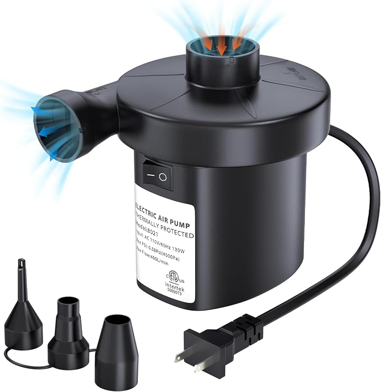 PULIDIKI Bomba de aire eléctrica para inflables Bomba de colchón de aire con 3 boquillas | Inflador, deflactor, bomba de aire rápida para colchones de aire, camas, pileta, juguetes, balsa, barco, anillos de natación, CA 110V 130W