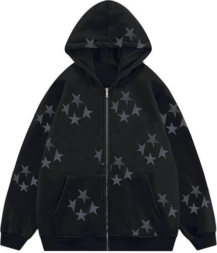 Tuislay Women Star Graphic Zip Up Hoodies Y2k for Teen Girls Oversized Streetwea