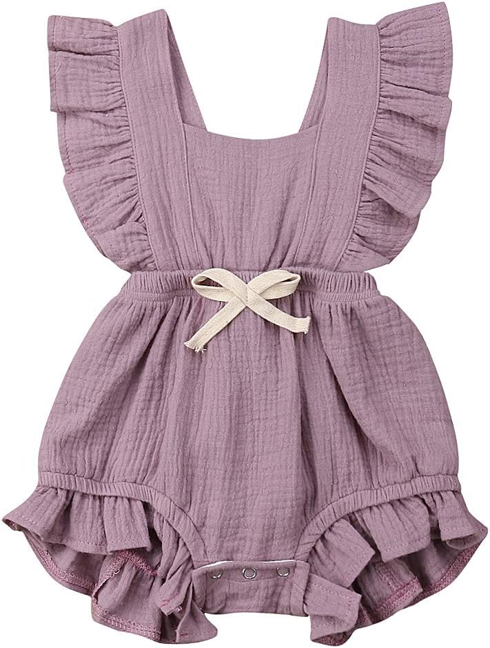 Yoawdats Newborn Baby Girl Romper Cotton Linen Bodysuits Ruffle Sleeve Summer Jumpsuit Outfits Clothes (0-6 Months, Purple C)