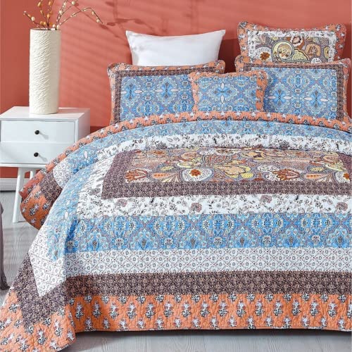 Tache Cotton Patchwork Bohemian Geometric Paisley Damask Ditsy Floral Orange Blue Reversible Lightweight Coverlet Mosaic Paradise Quilt Set, California King #TOP16