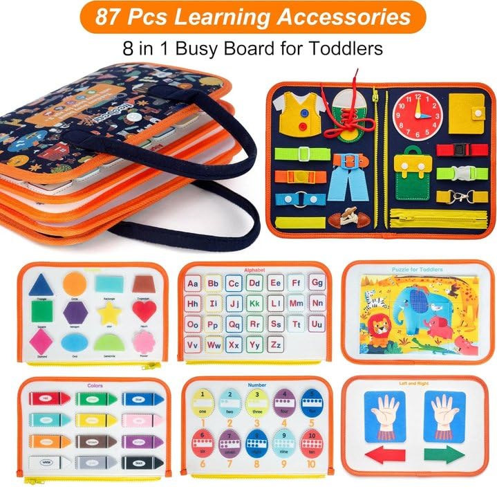 Freebear Busy Board, Toddler Travel Toys, Sensory Toys for Toddlers 2 3 4, Montessori Learning Toys for Toddlers Activities Board, Educational Toys for 2 3 Year Old Boys Girls Gift, Dark Blue Medium