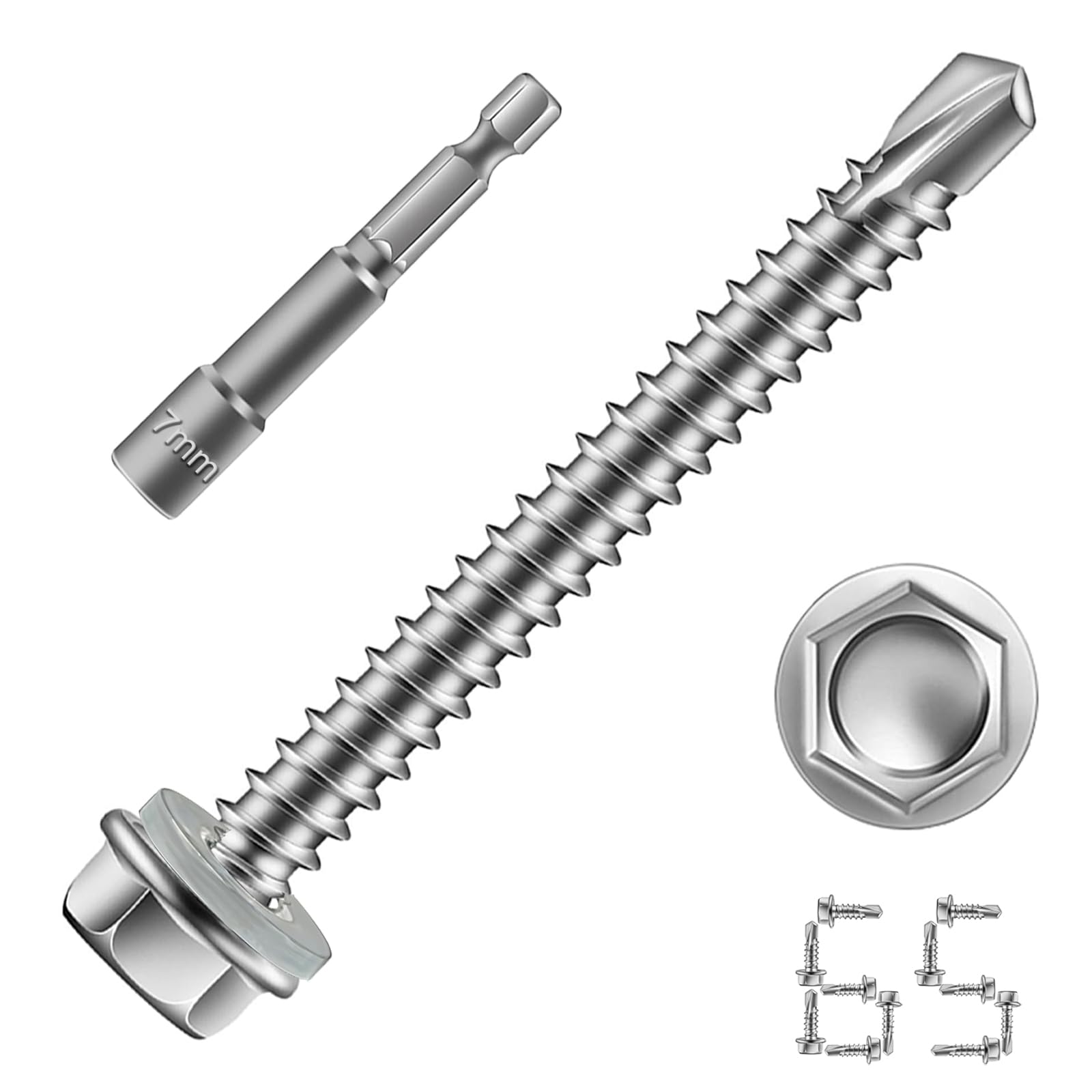 LERNOU 65 Pcs #8 x 2 Self Drilling Screws for Metal, 410 Stainless Steel Hex Washer Head Sheet Metal Screws, Magnetic High Strength Self Tapping Tek