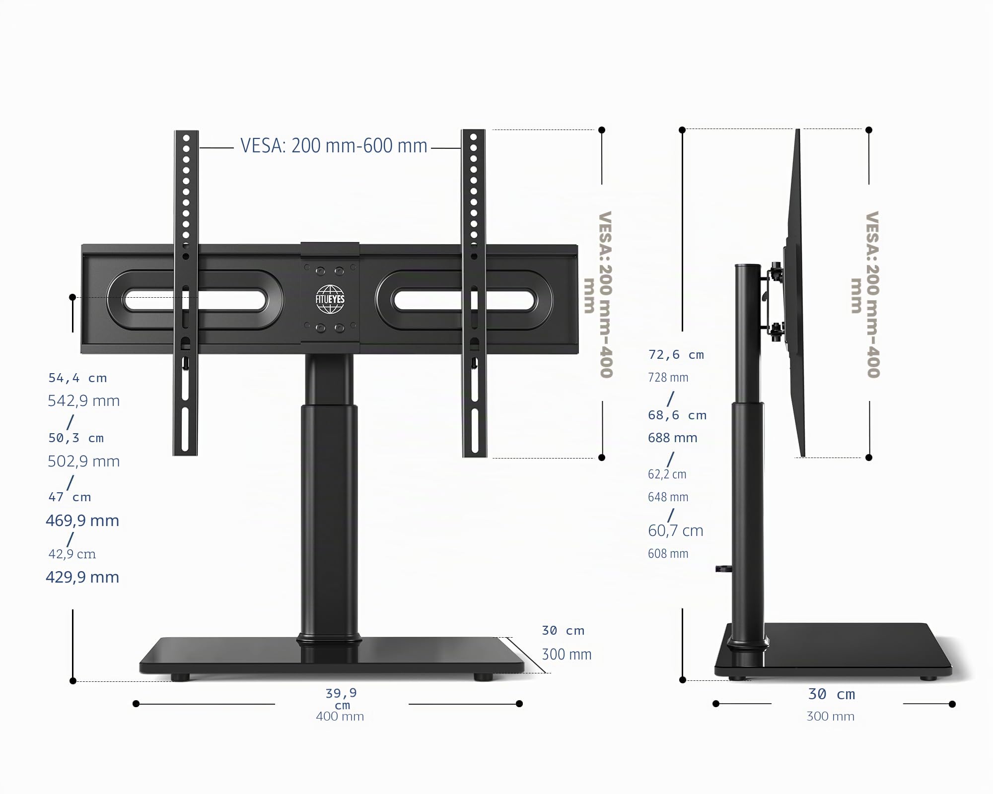 FITUEYES Soporte TV Pie 32-65 Pulgadas Altura Ajustable Giro ±40° | Soporte TV Suelo, Carga 40kg, MAX VESA 600×400mm, Diseño Flexible para Salón y Dormitorio