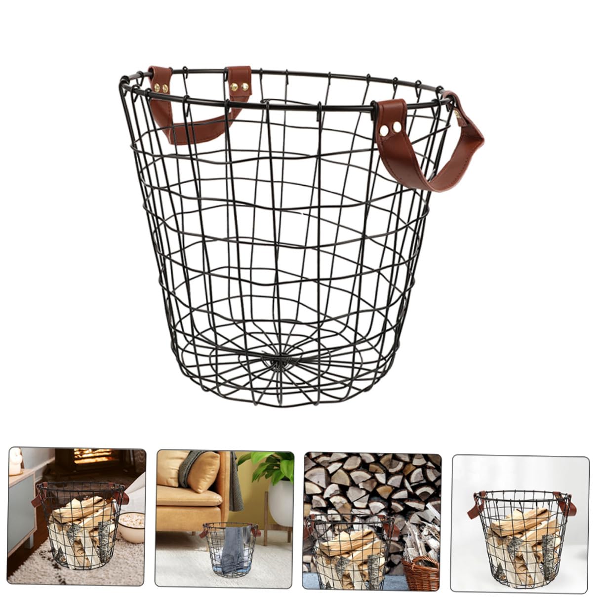 Cesto Porta Materiale Da Ardere in Ferro Rotondo Rustico, Contenitore Organizer Traspirante Per Esterno e Interno, Cesto Per La Biancheria in Filo Metallico Con Ampio Spazio