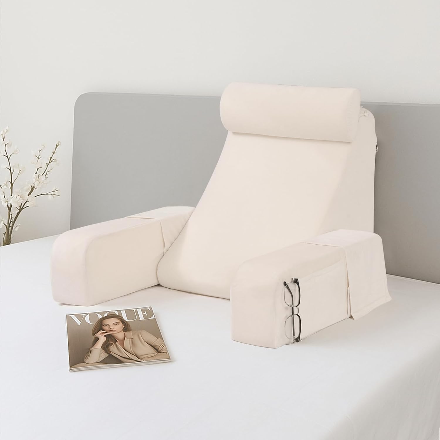 ENITYA 19" Back Pillow for Bed Sitting up, Big Pockets and Washable Removable Cover, Reading Chair for Watching TV/Reading/Gaming/Resting in Bed, Couch or Floor, Medium(Ivory) Ivory Medium(5'3"-5'10")