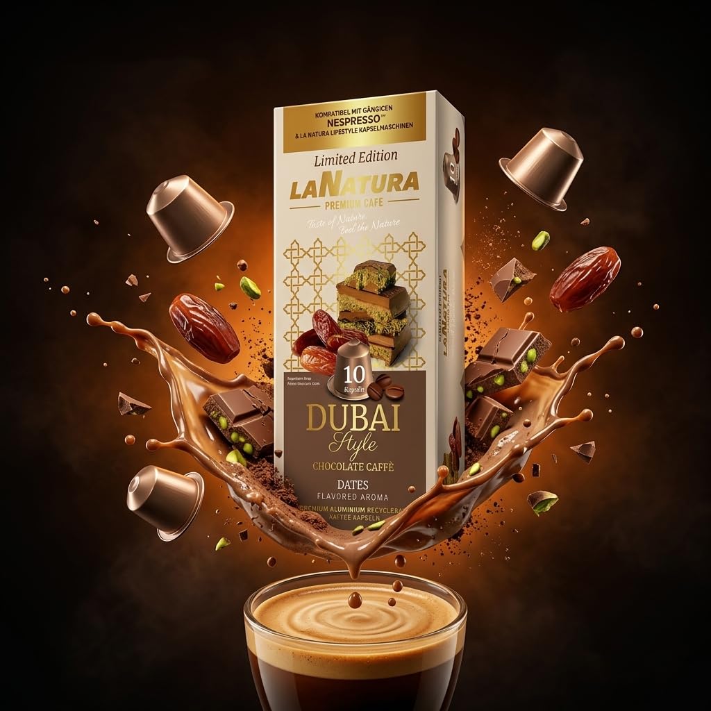 La Natura Lifestyle DUBAI Coffee Aroma Royal Mix – 80 Premium Aluminium Kaffeekapseln | 7 Sorten | Exklusive Aromavielfalt für Besondere Genussmomente | Kompatibel mit Nespresso®*-Maschinen