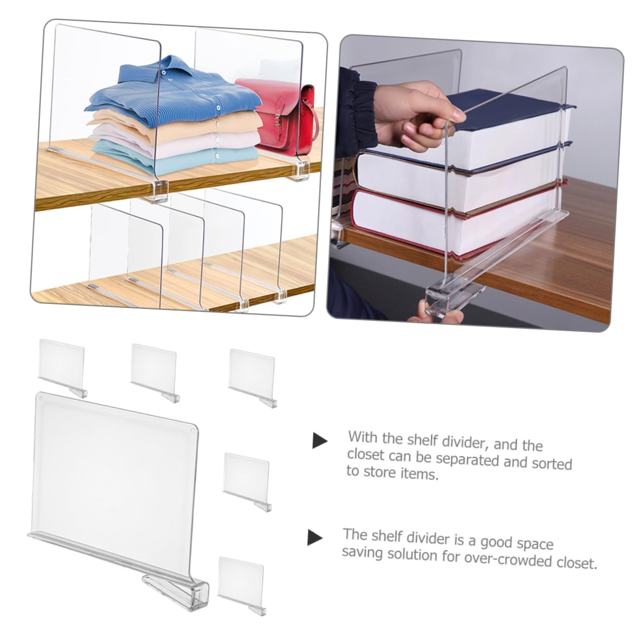 HOOTNEE 6Pcs Clear Shelf Dividers Closet Organizer Easy to Install Separator for Clothes Storage and Shelves for Wardrobes Bookcases and Home Organization