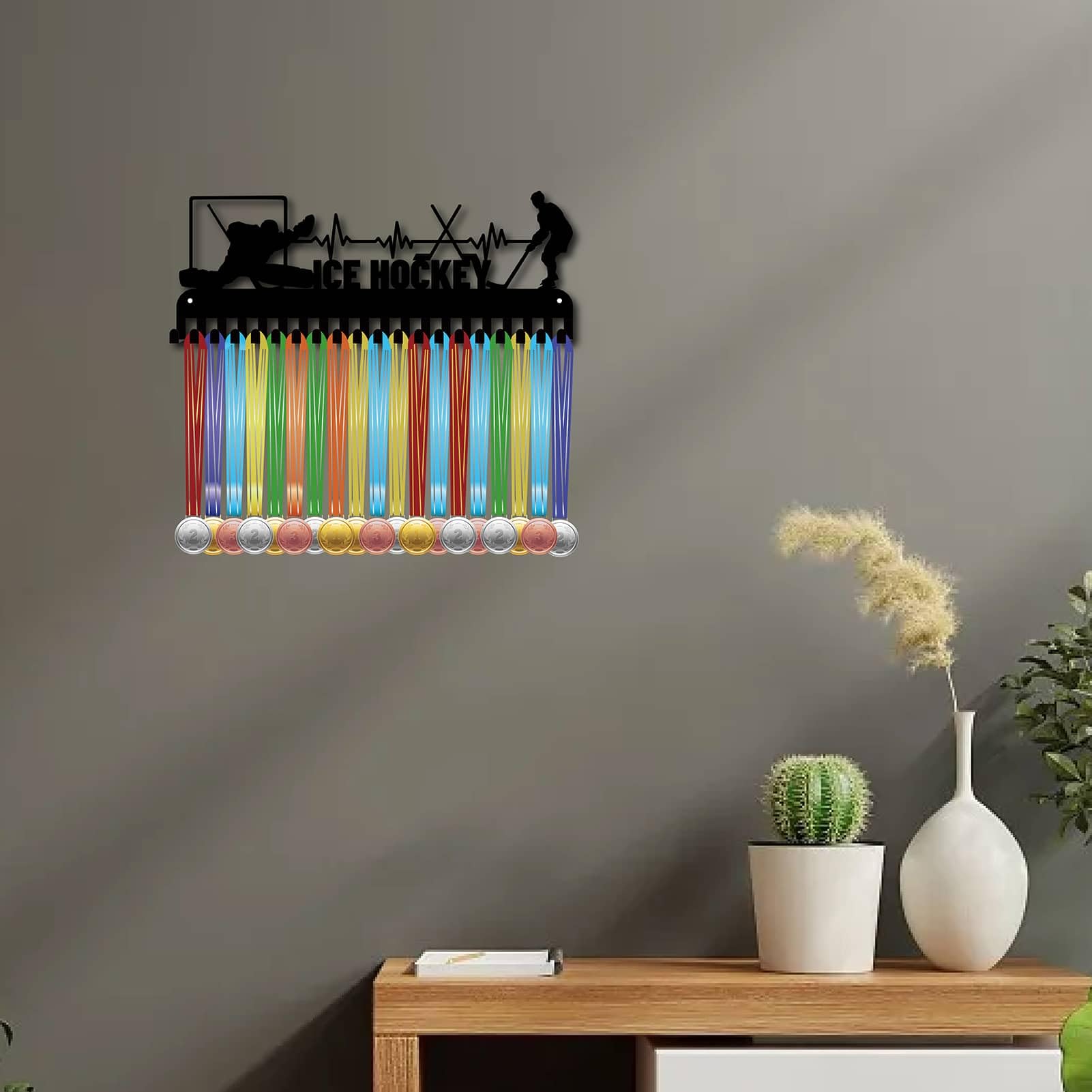 CREATCABIN Porte-médailles de danse en métal à suspendre avec 20 crochets pour mur, maison, badge, danseur, football, gymnastique, ballet - Noir - 40 x 15 cm