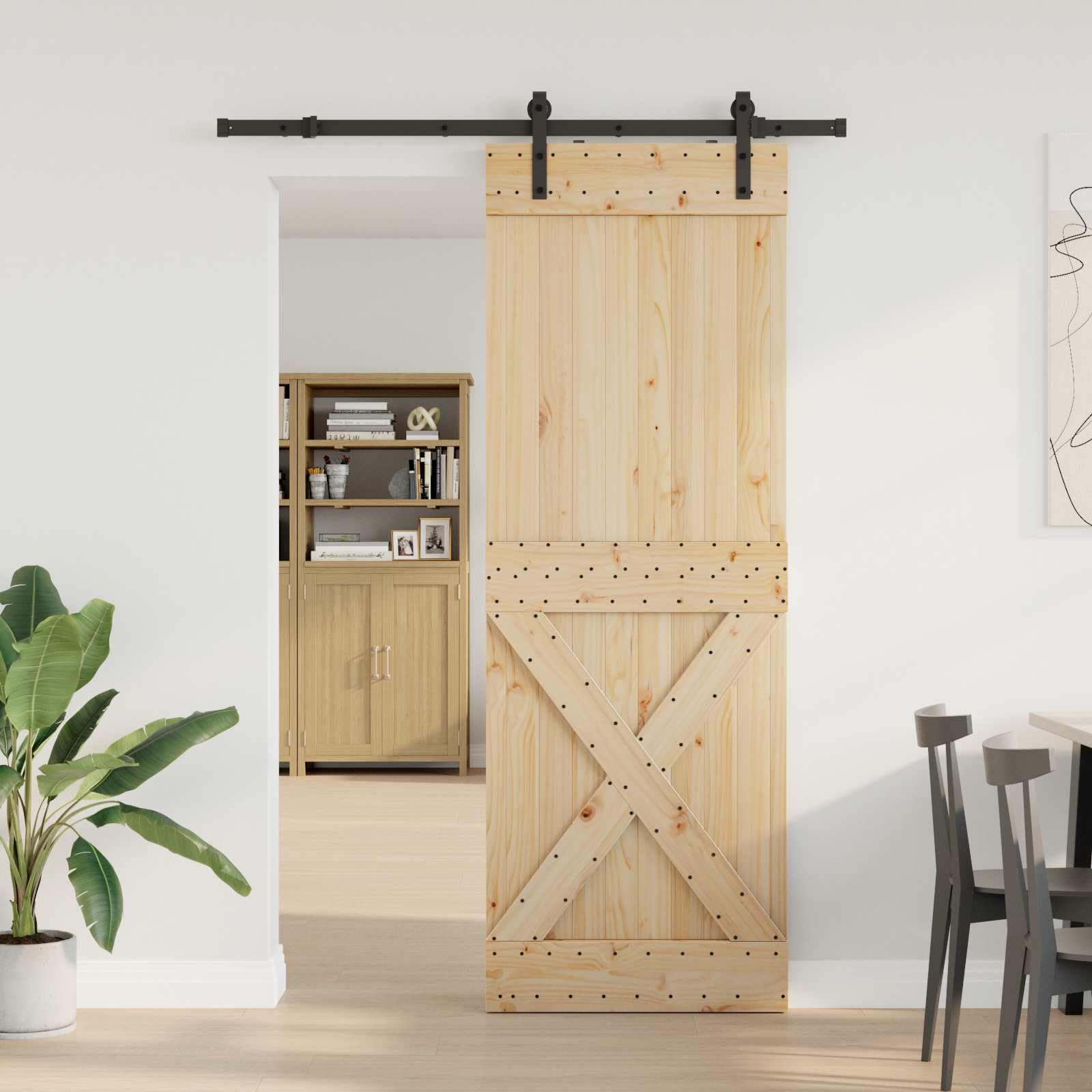Puerta corredera NARVIK de madera maciza de pino y acero pulverizado, 80 x 210 cm, incluye sistema de rieles