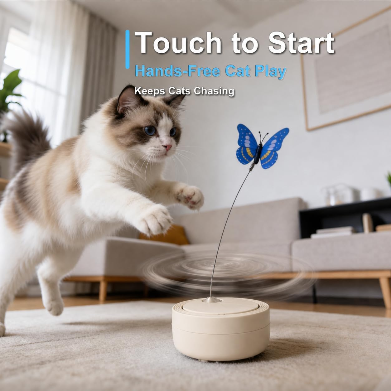 Interactive Butterfly Cat Toy for Indoor Cats, 360° Rotating Wand, Beige | Spinning Toy with Touch Sensor,Flutter Butterfly Kitten Enrichment Toy, Includes 2 Replacement Butterflies