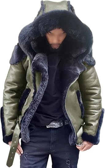 Mens Thicken Hooded Leather Jacket Male Hooded Lapel Leather Warm Plush Coat Men Hooded Leather Short Fur Coat