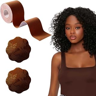 Okela Breast Lift Tape, Sweat Proof Bob Tape Body Tape for All Breast, Instant Boobytape Lift Fashion Boob Tape Kinesiology Tape with Reusable Lace Breast Cover (Brown)