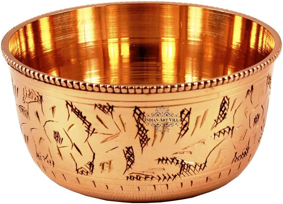 INDIAN ART VILLA Pure Brass Engraved Design Flat Bottom Bowl, Decorative Dinnerware, Tableware and Serveware for Home Hotel Restaurant, Volume-100 ml