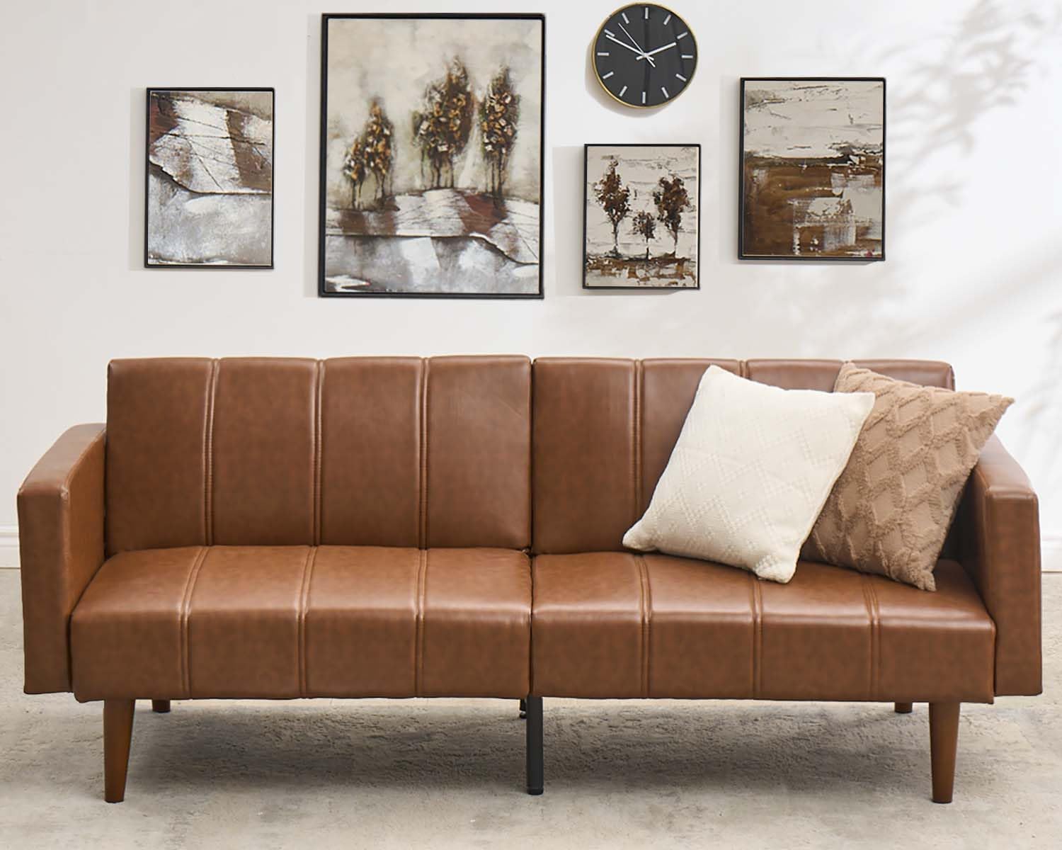 75" Convertible Futon Sofa Bed, Mid-Century Modern PU Leather Couch with Adjustable Backrest, Sleeper Loveseat with Side Pockets, Easy Assembly for Living Room & Guest Room (Brown)