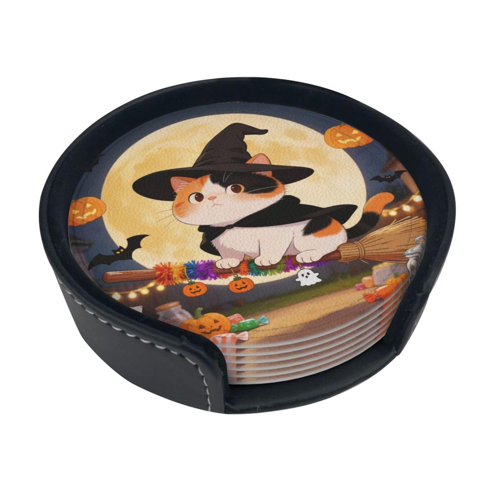 Cool cat Leather Coasters-Set of 6 with Storage Holder