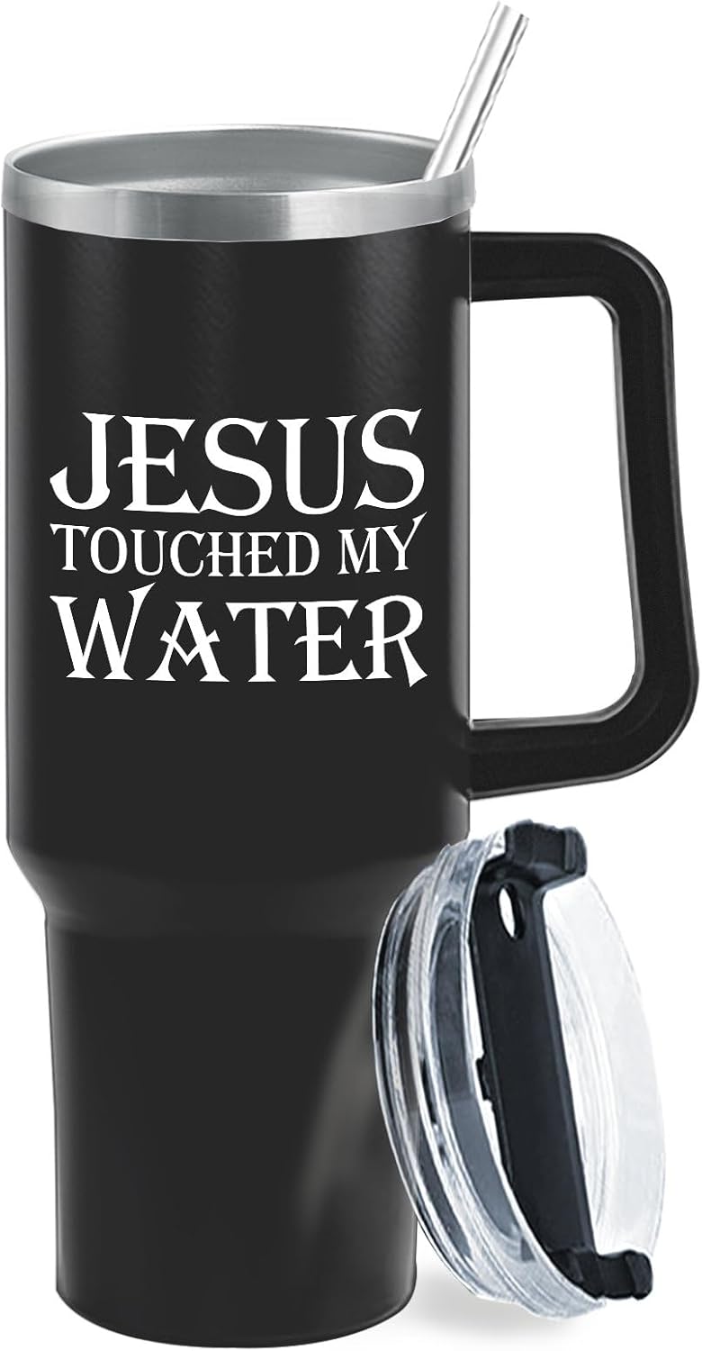40 oz Tumbler with Handle Jesus Touched My Water Tumbler with Lid and Straw Insulated Tumbler Stainless Steel Tumblers Funny Gift - Image 2