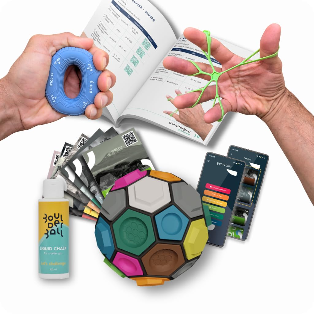 BOULDERBALL POWER Set di allenamento per la forza di dita, mano e avambraccio. Con Boulderball, anello grip, fascia estensore e piano di allenamento. Per arrampicatori, atleti e uso quotidiano.