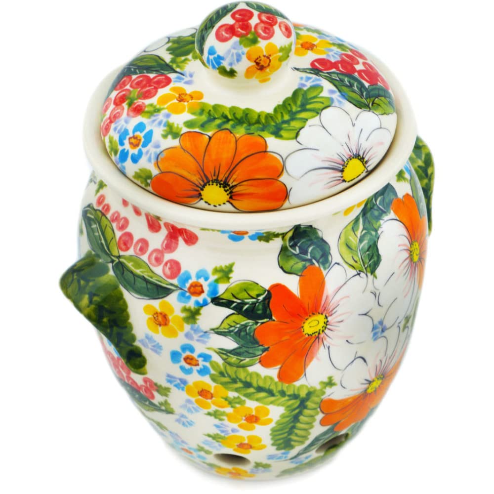 Authentic Polish Pottery 8½-inch Garlic and Onion Jar (Summer Walk Theme) Signature UNIKAT + Certificate of Authenticity